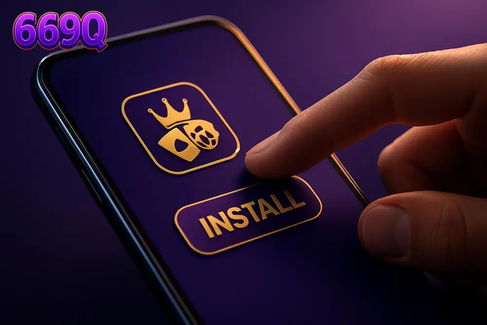 669Q App Download — a hand tapping an install button on a mobile app screen