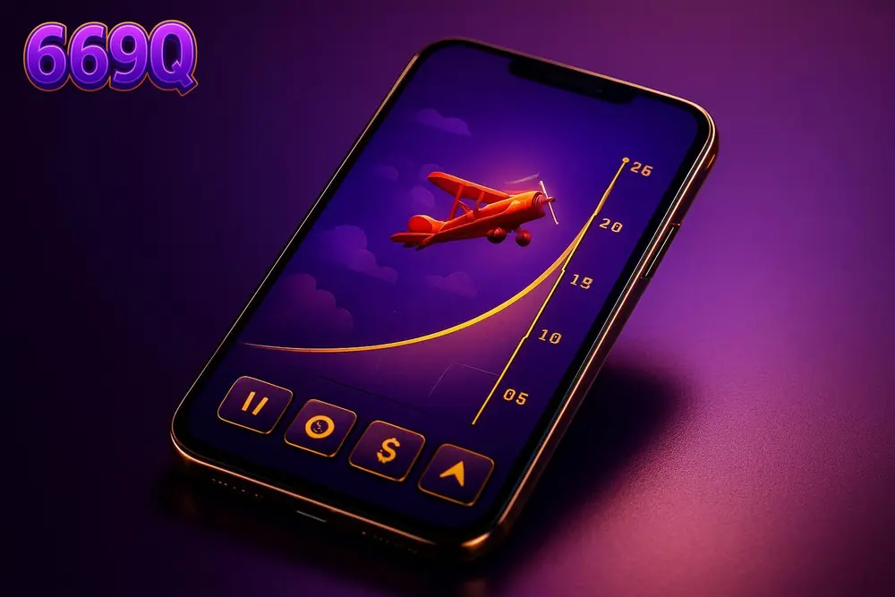 669Q Aviator Game — a smartphone screen showing a colorful crash game in progress