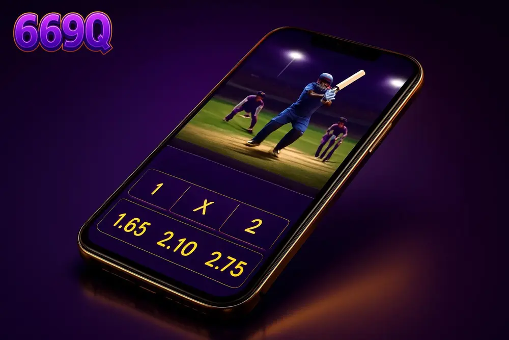 669Q Cricket Betting — a smartphone showing a live cricket score and odds screen